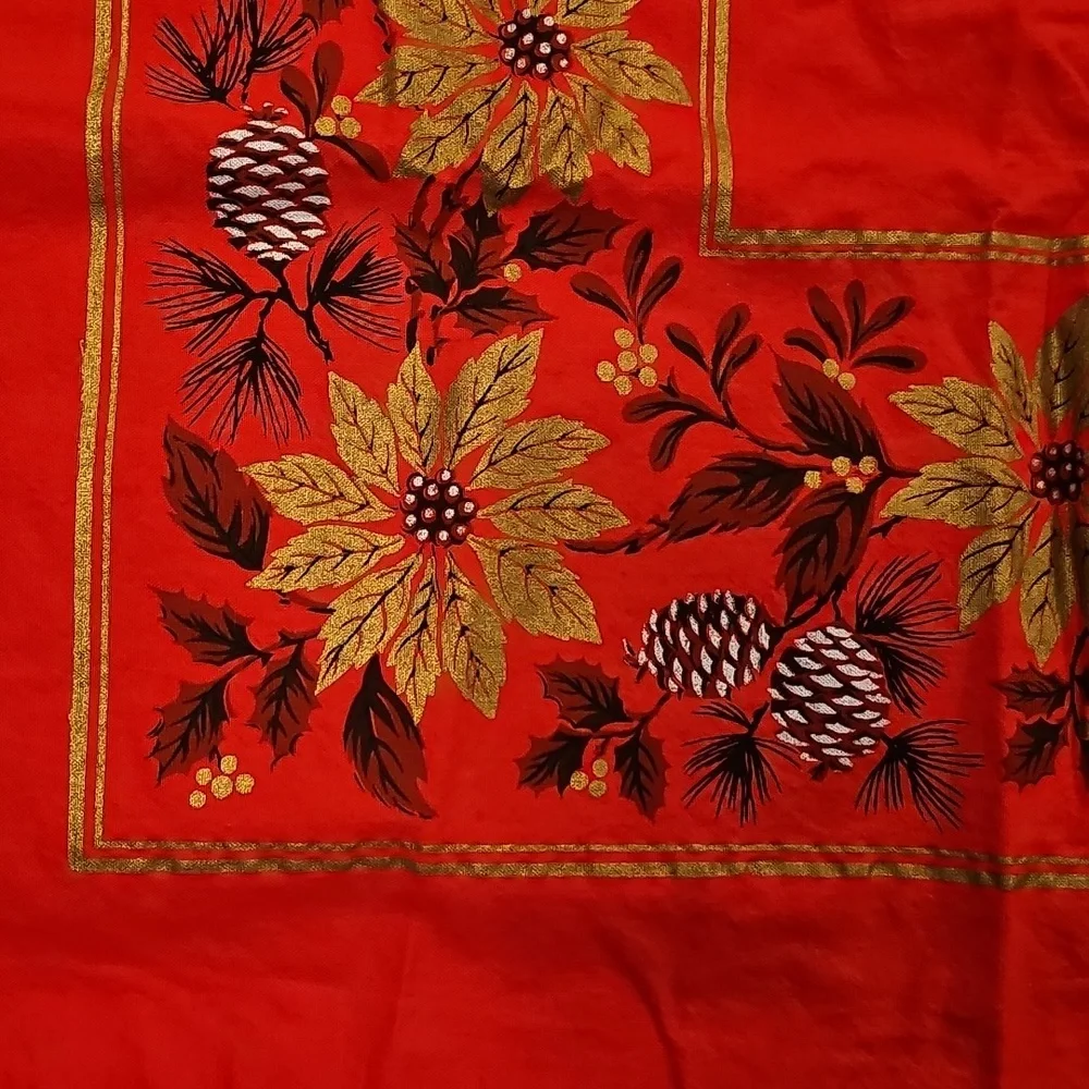 Vintage MCM Mid-Century Modern Festive Red Floral Rectangular Tablecloth EUC